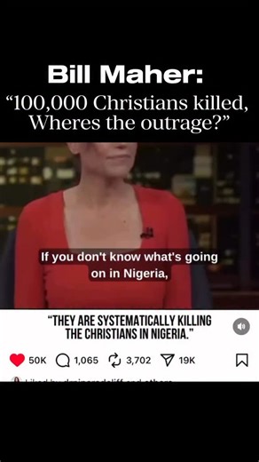 18K views · 6.3K reactions | Bill Maher, who is not religious at all is outraged that more media outlets are not talking about the thousands of Christians that are being killed in Nigeria. #nigeria #billmaher #Chritians | Robin Martyr | Facebook