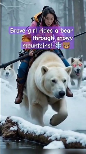 Brave girl rides a bear through snowy mountains! ❄️🐻 #Shorts #Nature #Adventure