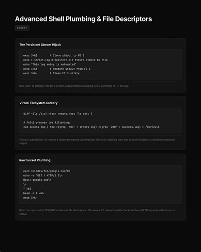 Linux Tips and Tricks | Stop using temporary files for diffs. Do this instead: Most developers only know basic redirects like `>` and `>>`, but mastering file... | Instagram