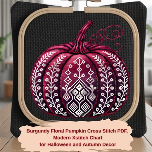 Burgundy Floral Pumpkin Cross Stitch PDF, Modern Xstitch Chart for Halloween and Autumn Decor - Etsy