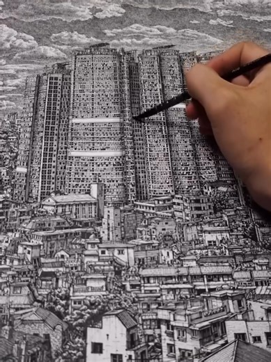 @Kamulch is a South Korea-based artist who builds entire cities by hand using only pen and ink. Thousands of individual lines stacked until a skyline appears. 🖊️ His work trains your eye to slow down in a world that moves too fast. The more time you spend inside one of his pieces, the more it gives back. Every corner has a detail most people will never notice. That’s exactly the point. Artist: @kamulch #art #sketch #urbanart