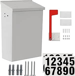 TonGass Wall Mount Mailbox for Outside, 7.1" W x 10.1" H x 3.8" D Metal Mailbox with 4.69" Hole Spacing, Red Flag & Reflective Numbers Included, Carbon Steel Wall Mounted Mailboxes - White