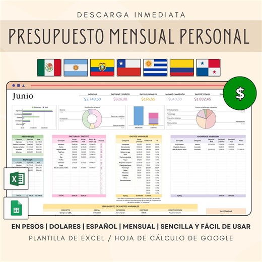 Plantilla presupuesto mensual personal (español), Control de gastos e ingresos, planificador digital de finanzas personales en DOLARES EXCEL - Etsy México