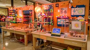 A room packed with various electronic devices and equipment for a science fair display, A science fair display showcasing innovative projects created by young minds