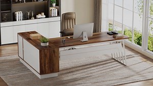 Tribesigns 71-Inch Executive Desk, L-Shaped Desk with Cabinet, Large Office Desk with Drawers and Storage Shelves, Writing Table Computer Desk for Home Office, Brown and White