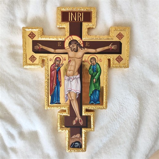 Hand-painted Orthodox Crucifix Icon – Gold Leaf, Relief Ornament, Wood Panel (13.6 X 10 In) - Etsy