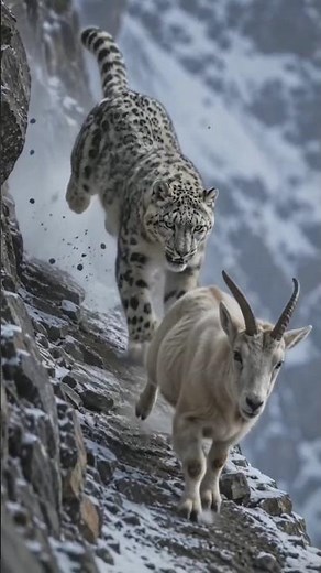 Snow Leopard Hunts Mountain Goat on a Deadly Cliff 😱 Impossible Escape in 4k #shorts #goats #leopard