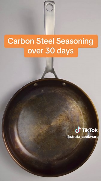 This video was shot over about 30 days. The pan is a Strata 10” Carbon Steel Clad Frying Pan. The main goal of the video is to show that many foods will strip seasoning early on (bacon, chicken breast, etc.). This is okay and normal. These foods won’t strip the seasoning much or at all as it develops and becomes more robust over time. Just keep cooking, clean the pan well, and a good seasoning will build up, even if scratched or stripped. #cookware #cooking #seasoning #carbonsteel #carbonsteelco