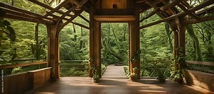 Serene Wooden Pavilion Amidst Verdant Forest Tranquility