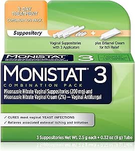 Monistat 3-Day Yeast Infection Treatment for Women, 3 Miconazole Vaginal Suppositories & External Itch Relief Cream (9g Tube) Combo Pack