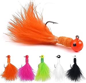 Crappie Jigs,30pcs Hand-Tied Marabou Hair Jig Heads with Feather 5 Colors Ice Fly Fishing Lures Bucktail Jig Fishing Teaser for Panfish Sunfish Walleye Hair Jig Bait 1/32 1/16 1/8 oz