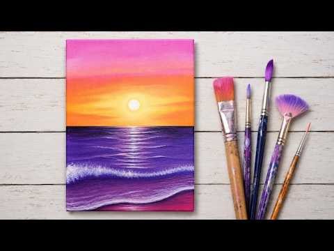 Painting a Magical Purple Ocean Sunset 💜 Easy Acrylic Painting Tutorial