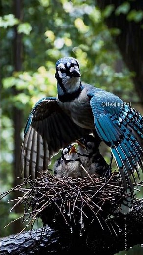 Stunning Blue Jay Spreads Wings to Shield Chicks From Rain | Rare Parenting Moment in Nature 🐦💙