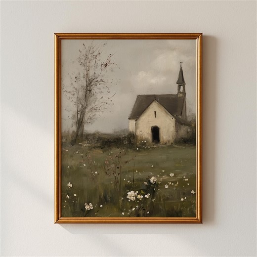 Rustic Country Church Landscape Painting Moody Cottagecore Wall Art Vintage Farmhouse Meadow Wildflowers Spring Printable Digital Download - Etsy
