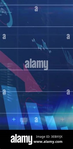 Vertical video: Red arrow sparking pan, blue bars falling, code scrolling, signaling market drop. Dataviz, infographic, chart, downturn, glyphs, percentage, vertical video Stock Video Footage - Alamy