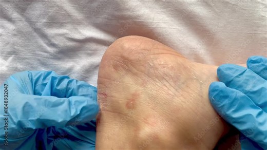 Dermatological foot examination: dry and peeling skin on the heel. Clinical signs of fungal infection, tinea pedis, hyperkeratosis, or dermatitis. Doctor in medical gloves performing diagnostics
