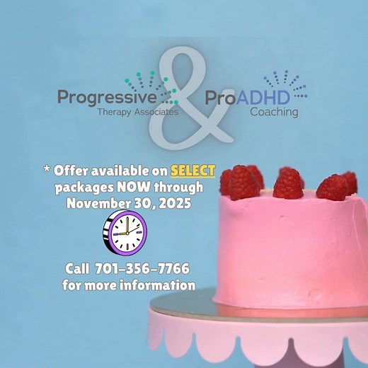 We have a 15% off sale to THANK YOU!! It's our 15th Anniversary; so what better way to celebrate! Call and get scheduled today 701-356-7766. You can call or visit us online at www.progressivetherapyassociates.com #ADHDAwareness #adhd #adhdlife #womensupportingwomen #proadhdcoaching #ProgressiveTherapyAssociates | Progressive Therapy Associates