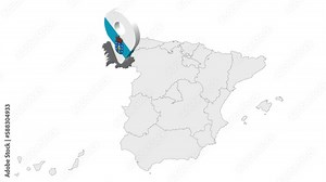 Location Galicia on map Spain. 3d Galicia flag map marker location pin. Map of Spain showing different parts. Animated map Autonomous communities of Spain. 4K. Video