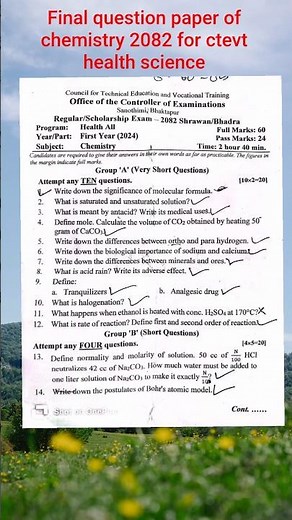 Final Question Paper of Chemistry 2082 for All Health Faculty 1st Year CTEVT Final Exam #ctevt