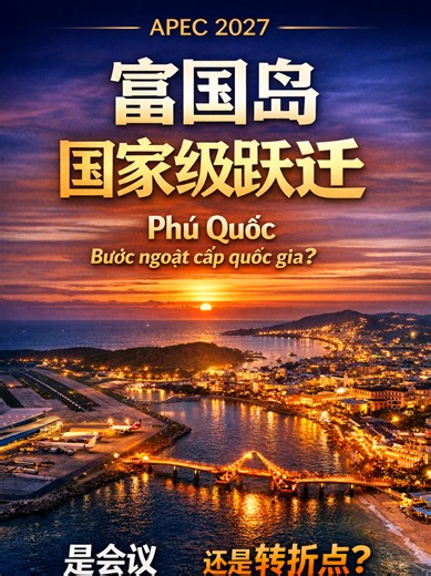 富国岛，不只是旅游岛：APEC 2027背后的国家级跃迁 Phú Quốc không chỉ là đảo du lịch: APEC 2027 và cú nhảy vọt mang tầm quốc gia Phú Quốc Is More Than a Tourist Island: The National Leap Behind APEC 2027 很多人以为富国岛只是一个海岛度假地。 但2027年APEC会议，正在把这里推向新的发展阶段。 机场扩建、轻轨建设、高端酒店集群、航空与地产联动—— 这些都不是为了几天会议。 这是一次国家级资源集中投入， 正在重塑未来20年的城市结构。 问题不是富国岛会不会发展， 而是这个窗口期，你有没有看到。 #富国岛 #越南经济 #APEC2027 #越南投资 #越南发展