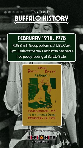 #OnThisDay In 1978, Patti Smith Group performs at UB's Clark Gym. Earlier in the day, Patti Smith had held a free poetry reading at Buffalo State. Did you get to see her perform at UB or even get to hear her poetry reading? Have you ever seen Patti Smith Group or Patti Smith solo? This Buffalo history post was brought to you by Hi-Fi Hits Records and More! (@hifihits) #ThisDayInBuffalo #fyp #explore #shorts #buffalo716 #BuffaloHistoryChannel #Buffalo #BornBuffalo #History #WNY #PattiSmithGroup #