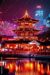 Holiday firework over asian temple. Chinese New Year celebration. Chinatown city panorama at night with colorful exploding fireworks. Lantern Festival, Dragon Boat Festival, Mid-Autumn Festival