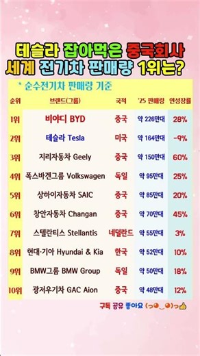 테슬라 잡아먹은 중국회사~! 세계 전기차 판매량 1위는? #전기차순위 #BYD #비야디 #Tesla