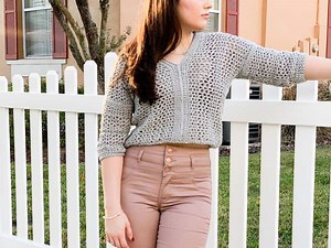Lightweight Cropped Crochet Sweater with 3/4 Length Sleeves - Free Pattern