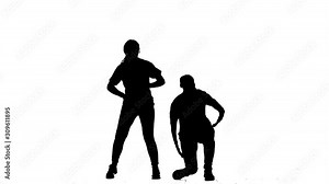 black silhouette on a white background, girls duet dance hip hop, street dance, isolated