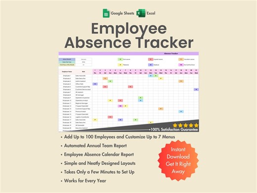 2026 Employee Absence Tracker, Excel, Google Sheets, PTO Planner, Sick Leave, Time off Tracker, Theme 1 - Etsy