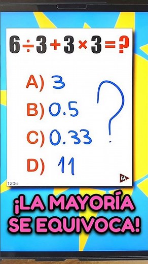 What is: 6 ÷ 3 + 3 × 3 = ❓️😎 Most people get it wrong ‼️😏 #maths #mathematics (▶2967)