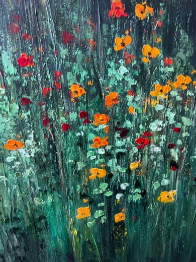 Green Abstract Wildflower Garden Oil Painting, Minimalist Floral Textured Canvas Art, Large Wall Art