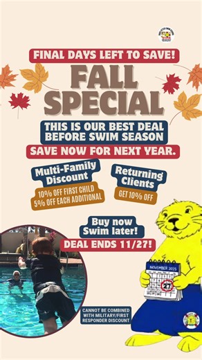 Parents 👀 If swim lessons are on your list for next summer… grab this deal while it’s still live. 💙🌊 This Fall Promo = our BEST price before swim season (yep… even better than Black Friday 😅) Buy now. Swim later. Save big. Deal ends 11/27 ⏰ 📱 Call us at: 1-888-SWIM-KID (794-6543) to learn more. #BabyOtterSwimSchool #SwimLessons #LearnToSwim #WaterSafety #FloridaMoms #FallPromo