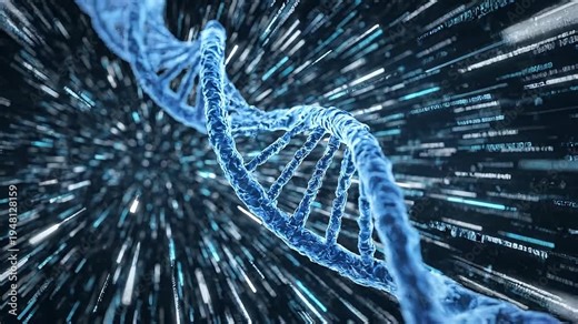 Digital representation of a blue DNA helix structure with a background of streaks of light suggesting speed and data