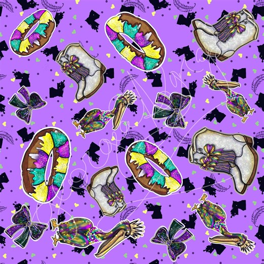 Mardi Gras Seamless Pattern | King Cake and Pelican Digital Paper | Louisiana Mardi Gras Background | Sublimation and Fabric Design - Etsy