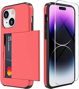 ZUSLAB Card Holder Slot Case Compatible with Apple iPhone 15 6.1 Inches 2023, Phone Wallet Case with 1 Tempered Glass Screen Protector, Rubber & PC Bumper Cover for Women Men, Red