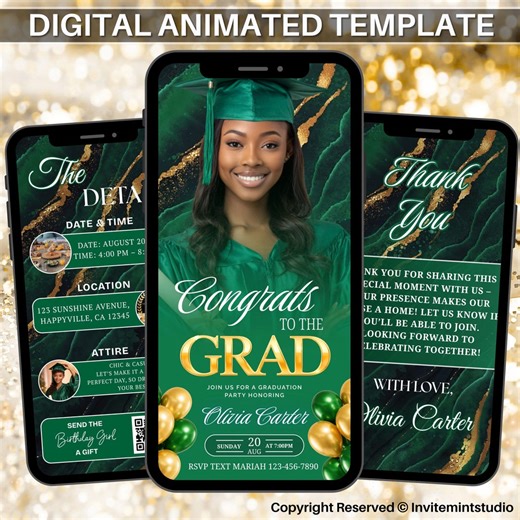 Digital Green Graduation Invitation, Editable Congrats To Grad Invite for Class of 2026 Grad Party, Video Evite, Canva Design, PDF Download