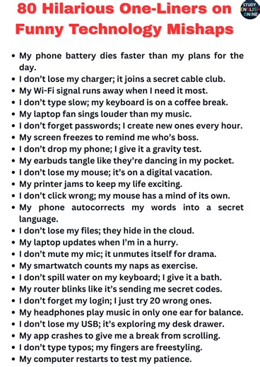 80 Funny One-Liners About Technology Mishaps #TechLaughs #FunnyTechFails #LearnEnglishWithTech #TechHumor #ESLTechFun | STUDY English Online