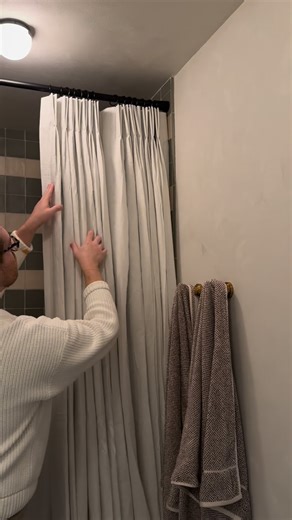 I N T E R I O R J A M E S on Instagram: "Pro tip: when selecting a shower curtain, go custom and for a floor to ceiling moment. Your space looks way taller and more custom. I opted for this beautiful ivory linen curtain from @thehues_home 🤎"