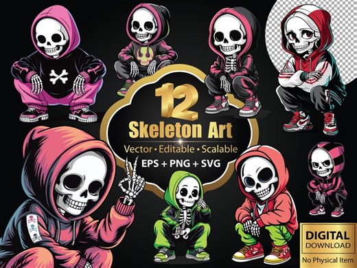 12 Streetwear Skeleton Vector Clipart | Hoodie Skulls SVG (digital Download) - Etsy
