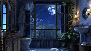 old toilet room decorated with plant and white flower closet sink bathroom with big window loop video of night sky full moon