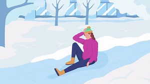 Animated woman slipped on ice. Dizziness after accident fall. Slippery road. Looped flat color 2D cartoon character animation with winter park on background. HD video with alpha channel