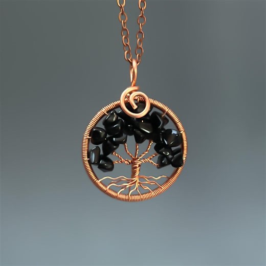 Black Onyx Copper Tree of Life Pendant, 7th Wedding Anniversary Gift for Wife, Protection Necklace - Etsy