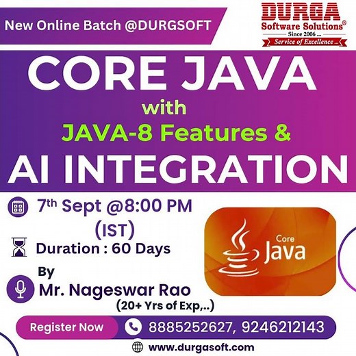 CORE JAVA with JAVA-8 Features & AI Integration Online Training @ DURGASOFT #durgasoftware #corejava