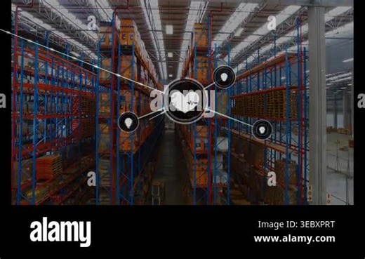 Central warehouse aisle showing heartpulse appearing nodes connecting and visualizing operations. Logistics, racking, highbay, shelving, network, icons, visualization Stock Video Footage - Alamy
