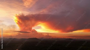 aerial view wonders clouds . Top view, big orange clouds with a beautiful shape with exhaust fumes from industrial plants. Footage pollution Industrial plants and colorful sky sunset.