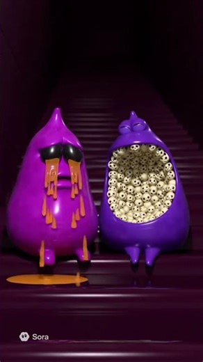 horror scene of two purple pear-shaped monster