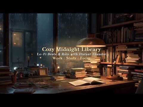 Cozy Midnight Library ⛈️ Lo-Fi Beats, Rain & Distant Thunder for Work, Study & Focus | 8 Hours