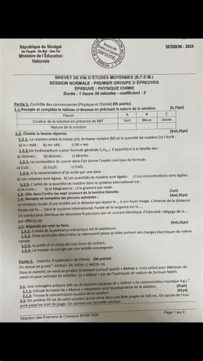 Épreuve de Sciences Physiques BFEM 2024 et Correction
