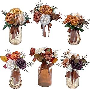 CherishedMoments Set of 6 Assorted Flower Centerpieces Mini Floral Wedding Flowers Set for Fall Wedding Table Centerpieces Decoration, Burnt Orange Bouquets and Home Decor